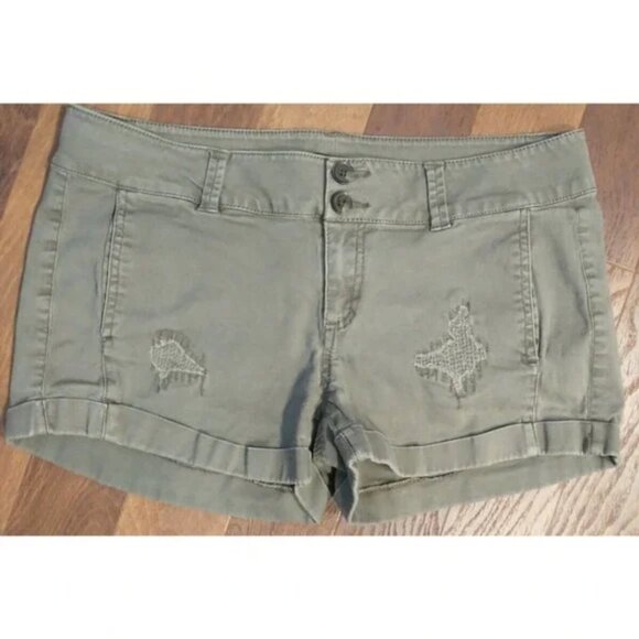 Express Distressed Shorts Size 0 Olive Green Stretch Cuffed Belt Loops Pockets - Picture 1 of 3